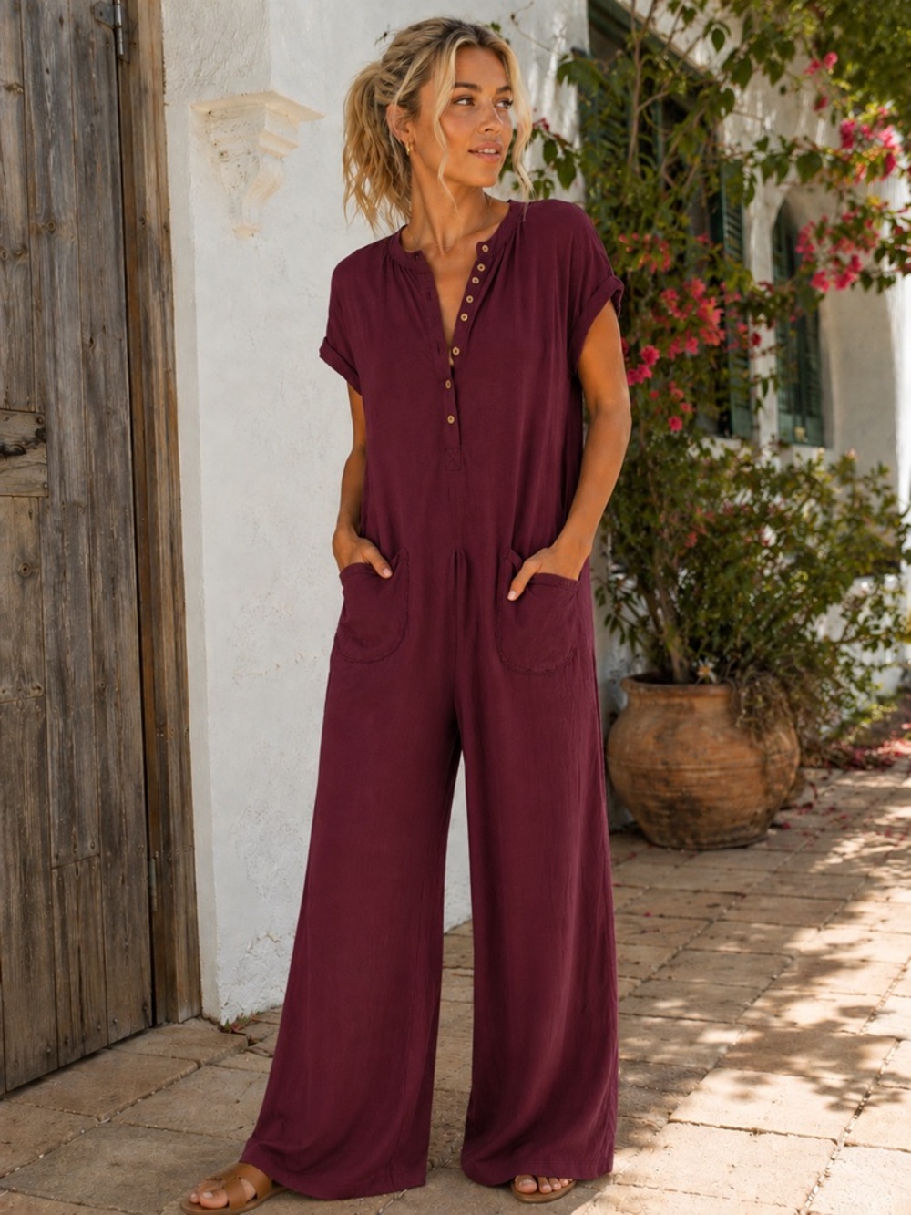 ODDY Washed maroon Button-Front Wide-Leg Jumpsuit